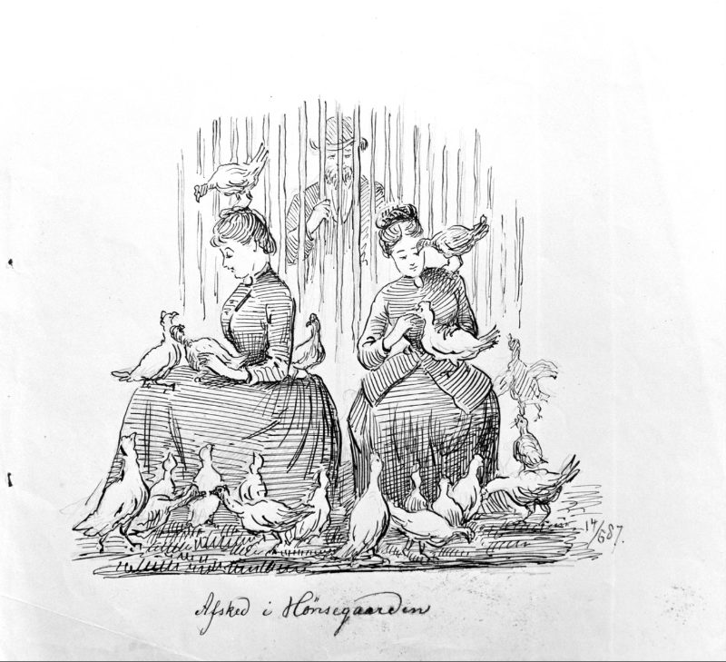 Women in the hen yard. Drawing by Carl Frederik Diriks.