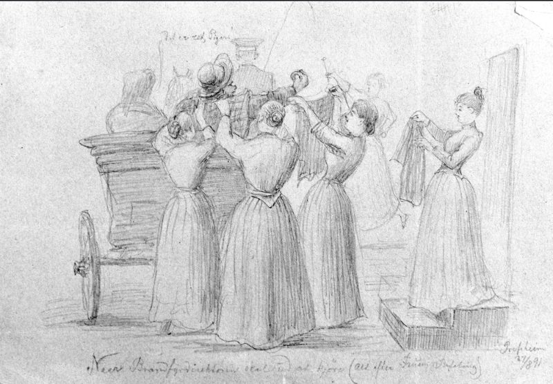 Women by a cart. Drawing by Carl Frederik Diriks.