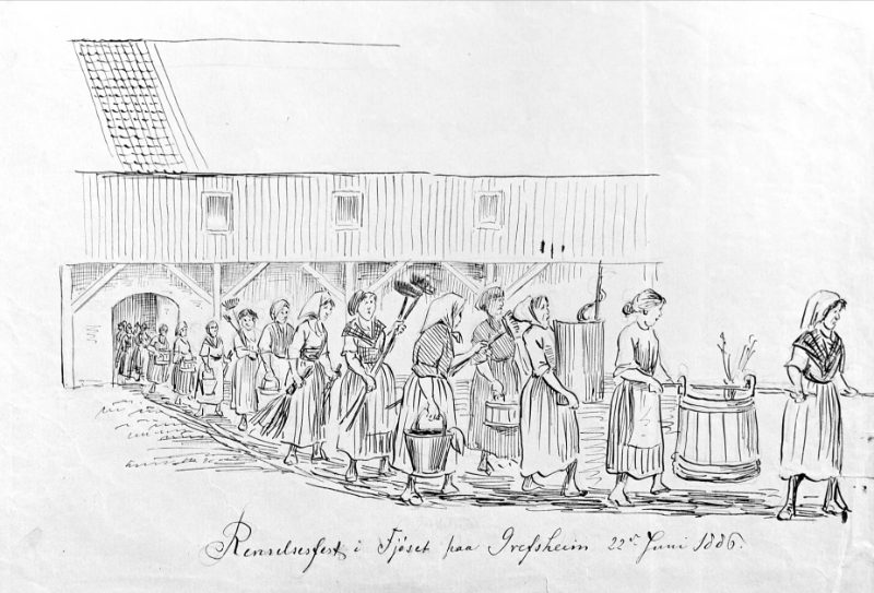Women washing the cowshed. Drawing by Carl Frederik Diriks.