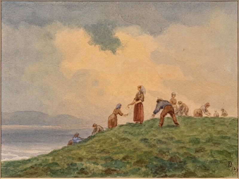 Workers on the slope by Lake Mjøsa. Watercolour by Carl Frederik Diriks.