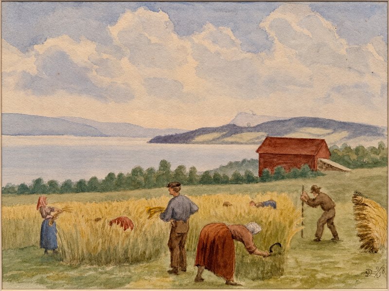 Harvest by Lake Mjøsa. Watercolour by Carl Frederik Diriks.