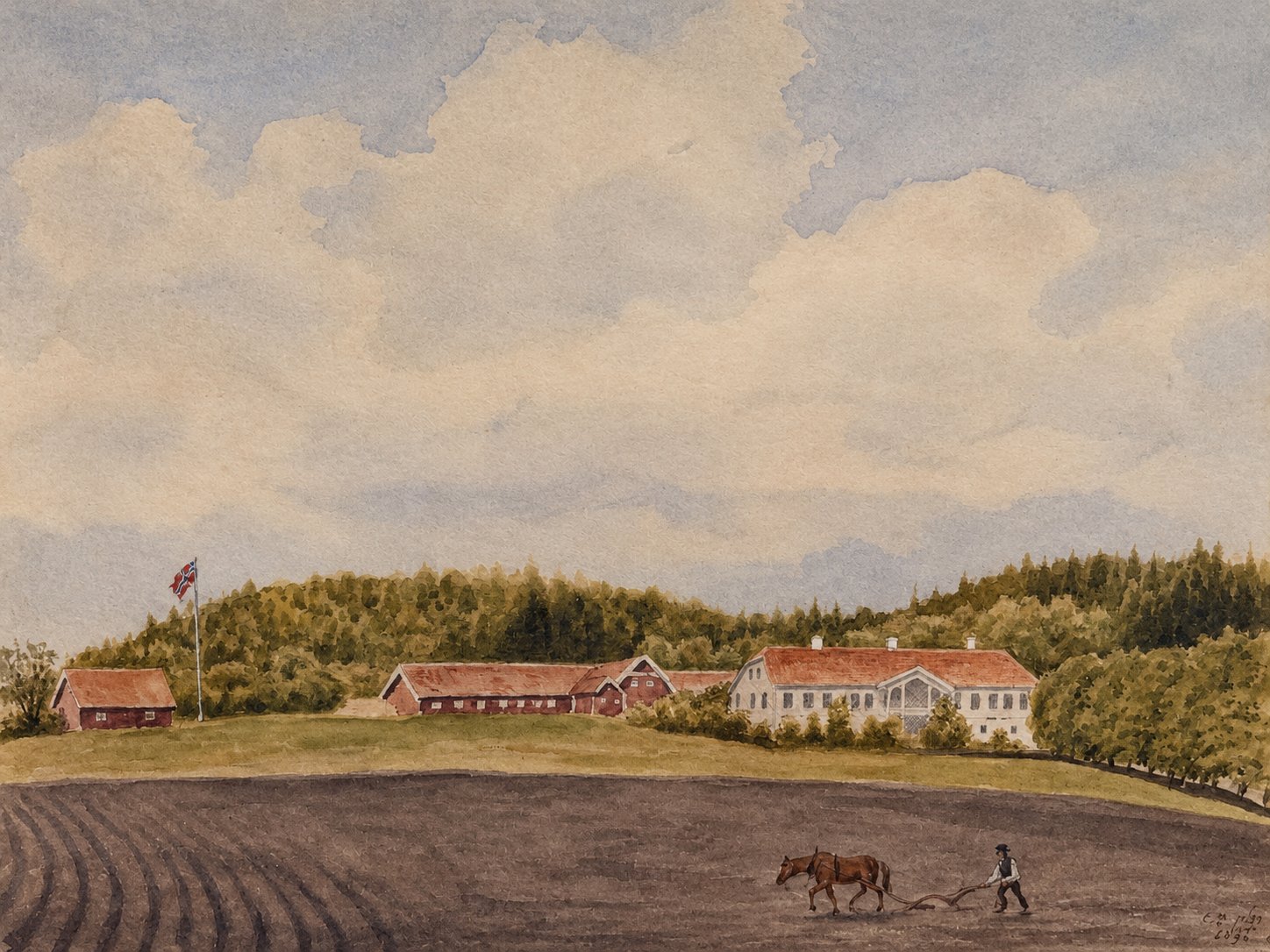 Ploughing in front of the farm