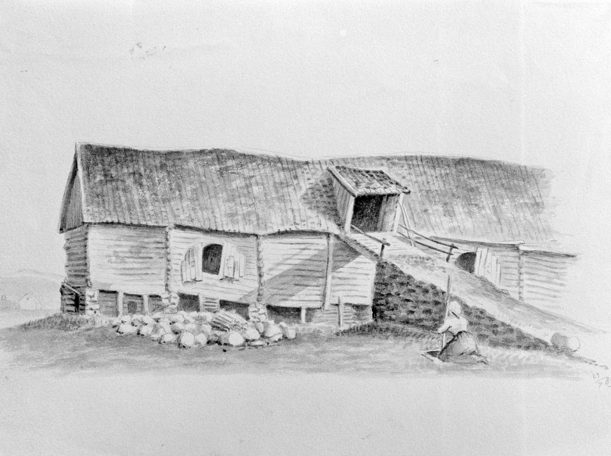 Barn with a woman in the foreground