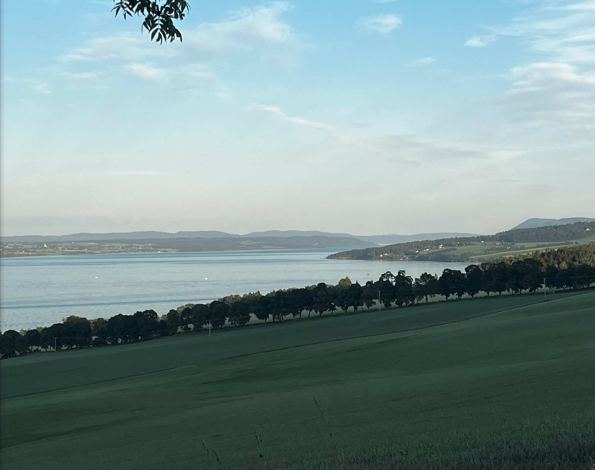 Mjøsa sett fra jordet, med den lange alléen opp mot tunet