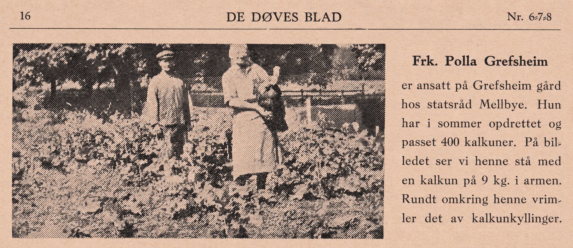 Avisside fra De Døves Blad 1929 med fotografi av Polla Grefsheim blant kalkunene og en kort tekst