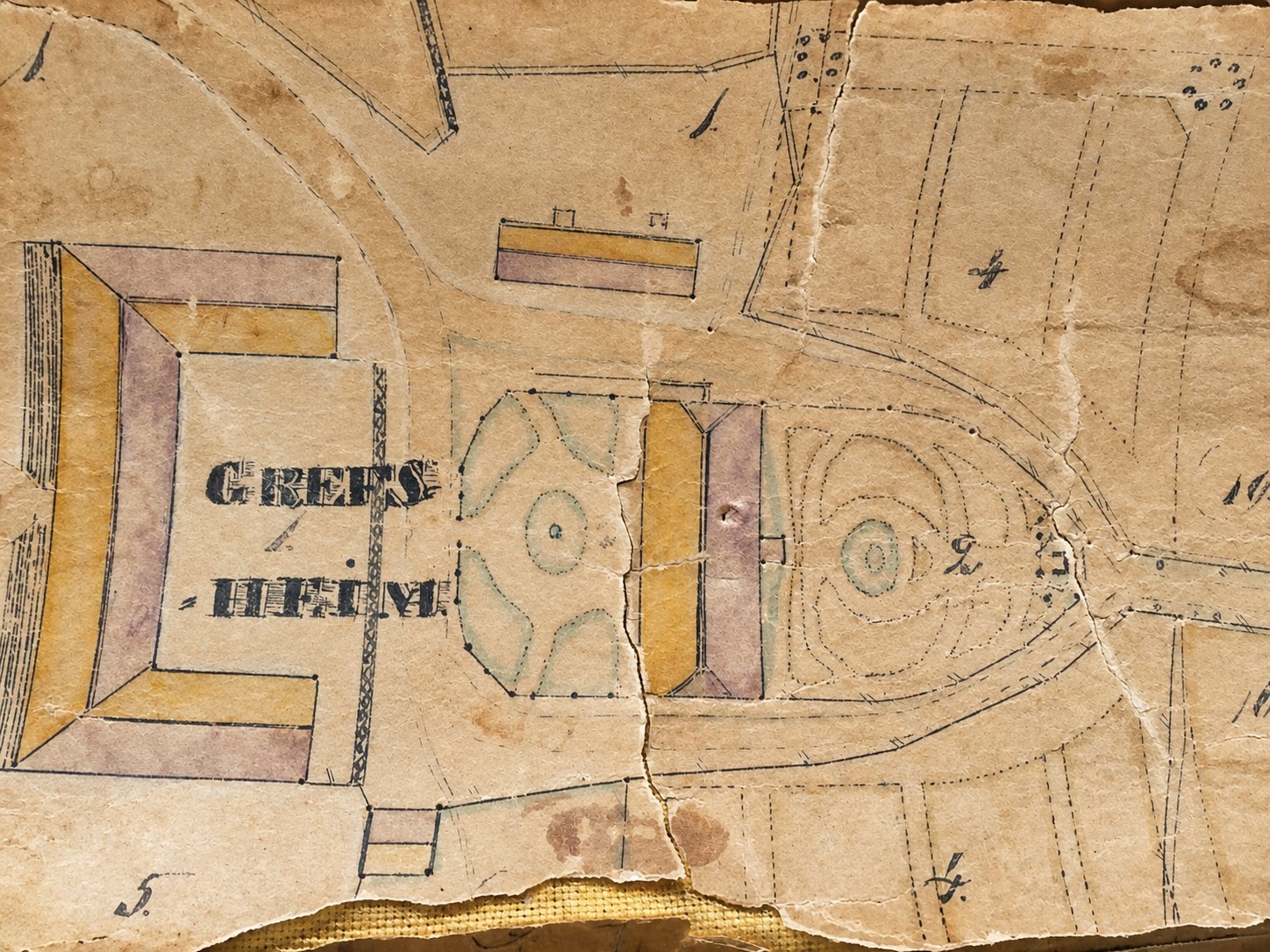 Hagekartet over Grefsheim fra 1854. Kartet tilskrives landmåleren Fr. Julin, trolig Fredrik Julin (født 1822 i Stockholm). Grefsheims arkiv.