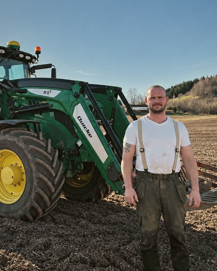 Uffe Bach, gårdsbestyrer på Grefsheim, ved traktoren på jordet